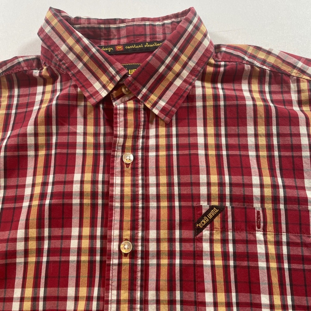 Ecko Unltd Button Down Shirt Mens Large Red Plaid Short Sleeve Cotton Streetwear